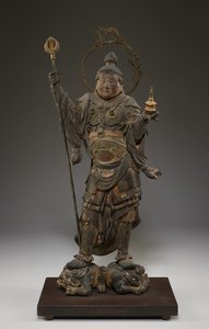 Bishamonten (Vaisravana, Nordens väktare) (polykromt trä med kristall, bladguld och metall) av Japanese School