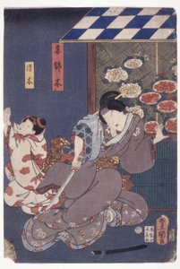 Barn Someki Vädjande; Mamma faller tillbaka med svärd (träsnitt i färg) av School Japanese