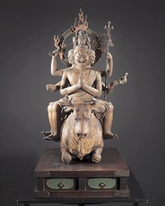 Daiitoku Myoo, Kamakura Period, ca 1251-99 (trä, metall, bladguld och pigment) av Japanese School