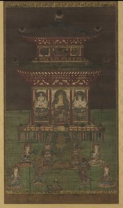 Horokaku Mandara: Buddha och åtföljande gudomligheter, Heian Period (färg & guld på sidenpanel) av Japanese School