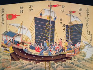 Japanskt handelsfartyg från 1700-talet (träblockstryck) av School Japanese