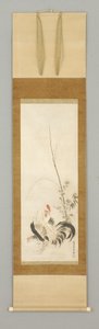 Kakemono, tupp och höna m/blommor av Japanese School