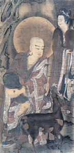 Religiös målning föreställande ung munk med doe, målning på siden, japansk civilisation, Heian-perioden, 794-1185 av School Japanese