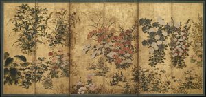 Sommar- och höstblommor, Edo-period (färg över guld på papper) av Japanese School