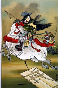 Tomoe, en modig kvinnlig krigare i Japan under Genji- och Heishiperioderna (färglitografi)