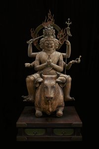 Wisdom King of Awe-inspiring Power (Daiitoku Myōō) (polykromt trä med kristall, bladguld och metall) av Japanese School