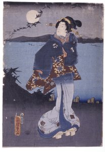 Kvinna vid sjön tittar på fullmåne och fallande gäss (träsnitt i färg) av School Japanese