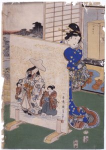 Kvinna står bakom Tsuitate med målning S. "Kunisada" (träsnitt i färg) av School Japanese