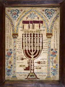 Alsace Misrach som anger Jerusalems riktning i de judiska husen och representerar Menoran eller Menora (sjuuddig ljusstake). Musée d