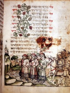 Bibelscen: Judar korsar Röda havet. Page of a Machazor, bönebok på hebreiska. manuskript sd.