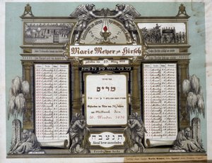 Minneskalender för framtida bårhustjänster för en avliden nära släkting. Jahrzeit målning. Judiska museet i Basel, Schweiz. av School Jewish