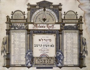 Minneskalender för framtida bårhustjänster för en avliden nära släkting. Jahrzeit målning. Judiska museet i Basel, Schweiz. av School Jewish