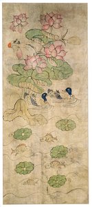 En panel från en åttafaldig skärm (naturliga pigment på papper) av School Korean
