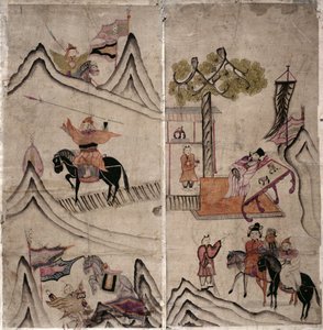 Två paneler av en åttafaldig skärm föreställande "A Story of Three Kingdoms" (naturliga pigment på papper) av School Korean