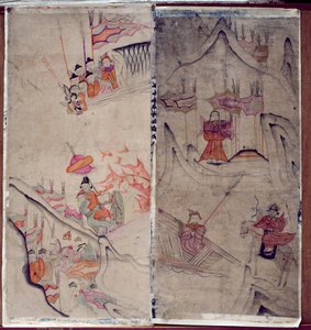 Två paneler av en åttafaldig skärm föreställande "A Story of Three Kingdoms" (naturliga pigment på papper) av School Korean