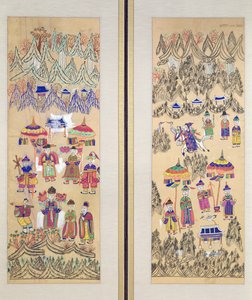 Två paneler av en åttafaldig duk föreställande "Målningar av shamanism" (färger på papper) av School Korean