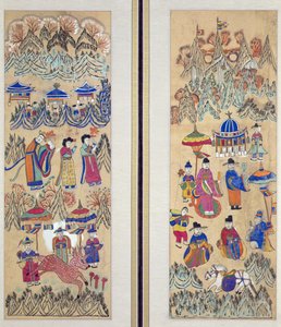 Två paneler av en åttafaldig skärm föreställande "Målningar av shamanism" (naturliga pigment på papper) av School Korean