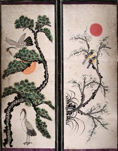 Två paneler av en åttafaldig skärm föreställande fåglar och blommor (naturpigment på papper) av School Korean