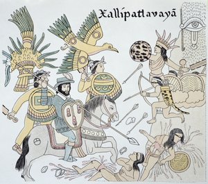 Strid mellan spanjorer och azteker vid slaget vid Xallipatlavaya, illustration från en faksimil av en mexikansk indiansk bildhistoria "Lienzo de Tlaxcala" från ca 1550
