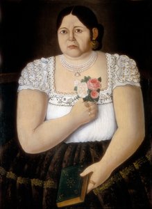 Porträtt av en infödd Puebla-kvinna med en bukett rosor (målning)