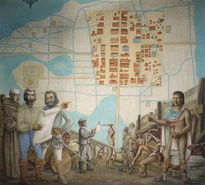 Tre män står i en konstruktion, Mexico City, Mexiko