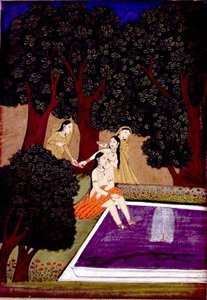 En dam vid en pool, Johnson Album IX, nr 16, ca 1780 (gouache med guld på papper) av School Mughal