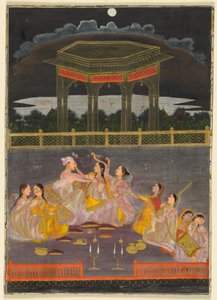 En prins som firar Holi med palatskvinnor på en terrass på natten; tergo: kalligrafi av en quatrain, ca. 1760 (ogenomskinlig akvarell och guld på papper (recto); bläck på papper, fyra rader persisk poesi (verso))