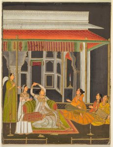 En prinsessa på en terrass med följeslagare på natten (recto); Kalligrafi (verso), ca 1760 (opak akvarell med guld på papper) av School Mughal