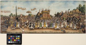 Akbar Shah II rider på en elefant i en enorm procession, ca 1835 (ogenomskinlig akvarell och guld på elfenben)