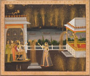 Damer firar Diwali, ca 1760 (täckande akvarell och guld på papper) av School Mughal