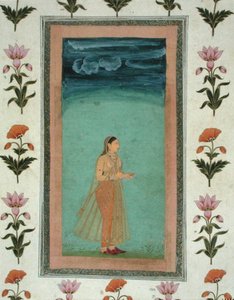 Dam som håller en blomma, från Small Clive Album (ogenomskinlig akvarell på papper) av School Mughal