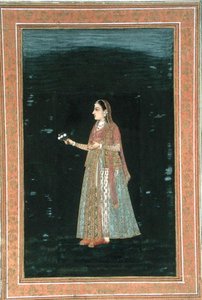 Dam som håller blommor, från Small Clive Album (ogenomskinlig akvarell på papper) av School Mughal