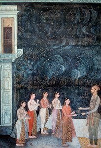 Nattfestscen vid Shah Jahans hov som representerar prinsen och kurtisanerna. Fyrverkerier i bakgrunden Miniatyr av 1700-talets Mughal School. Sön 0,21x0,15 m Paris, Musee Guimet, Musee national des Arts Asians