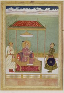 Porträtt av Shah Aurangzeb med en man, möjligen Ashraf Khan, tidigt 1700-tal (Ogenomskinlig akvarell, bläck och guld på papper) av School Mughal