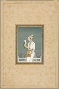 Porträtt av en prins med en hök av School Mughal