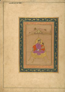 Den 3:e Mughal-kejsaren Akbar satt på den kungliga tronen medan han höll sin krona av School Mughal