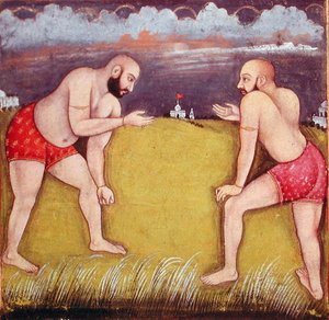 Två brottare, tidigt 1800-tal (gouache på papper) av School Mughal