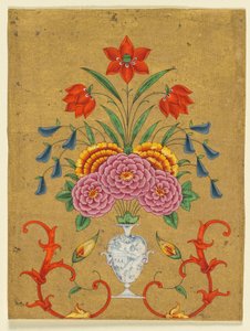 Vas med blomsterarrangemang och scrollwork, ca 1750-1800 (opak akvarell med guld på papper) av School Mughal