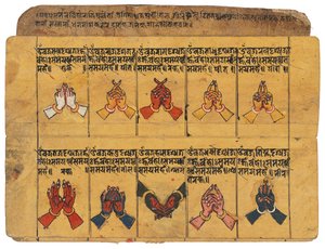 En Thyasapu-manuskript med ikonografiska illustrationer av mudras, Nepal av School Nepalese