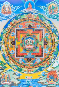 Chenresi mandala; figuren i mitten föreställer medkänslans Buddha, den himmelska manifestationen av Amitava Buddha, alltid nära lidande varelser (gouache på tyg)