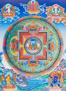 Grön Tara Mandala som skildrar moderns beskyddare från alla faror i tillvarons hav (gouache på tyg)