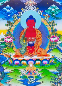 Bild som föreställer Amitabha Buddha sittande på en lotusblomma (gouache på tyg)