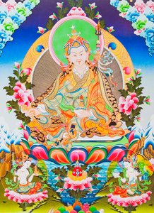 Bild som föreställer Padmasambhava och guru Rinpoche, den gudomliga aposteln av tibetansk tantricism som sägs ha fått kontroll över demoner och andar (gouache på tyg)