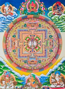 Mandala med tusen armar Avalokiteshvara; den heliga, magiska cirkeln som visar den elva huvuden Bodhisattvan som symboliserar oändlig medkänsla (gouache på tyg)