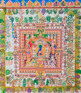 Medicine Buddha Mandala, mittfiguren av Bhaisajyaguru representerar den högsta helaren i klosterkläder med en skål som innehåller medicinalväxter (gouache på tyg)