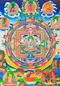 Vajrasattva, Mandala, som skildrar den självskapade tantriska Buddha utan någon början eller slut i en evig omfamning med prajna visdom (gouache på tyg)