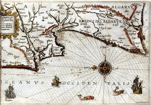 Cape Sagres (eller Sacred Cape) i slutet av Portugal efter Luca J. Waghenaers portulan Treesor av zeevaert tryckt i Leiden 1592 av School Netherlandish
