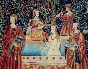 Herrskapets ridå: badet. Detalj. Gobeläng av ull och siden tillverkad omkring 1520 i Nederländerna. Sön 2,8x2,6 m Paris, medeltidens nationalmuseum, Thermes de Cluny