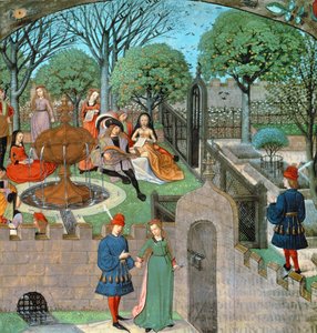 Harl 4425 f.12v Trädgårdsscen, älskaren och damen Oyseuse (Idleness) utanför trädgårdens väggar, från 