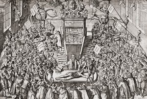 Studenter på en anatomilektion vid universitetet i Leiden, från "Geschiedenis van Nederland", pub. 1936 (tryck) av School Netherlandish